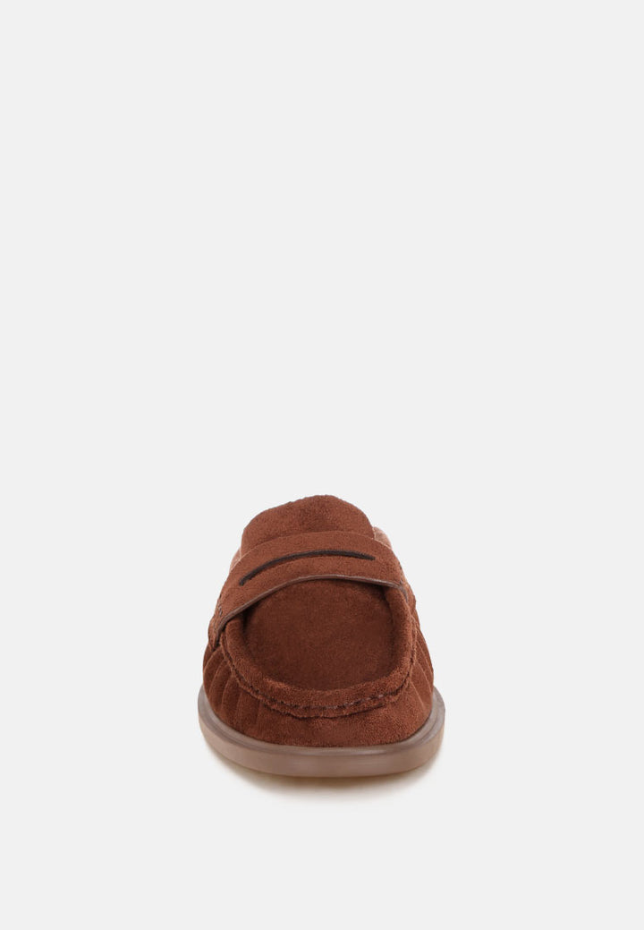 stretch fit pleated flat mules#color#brown-suede