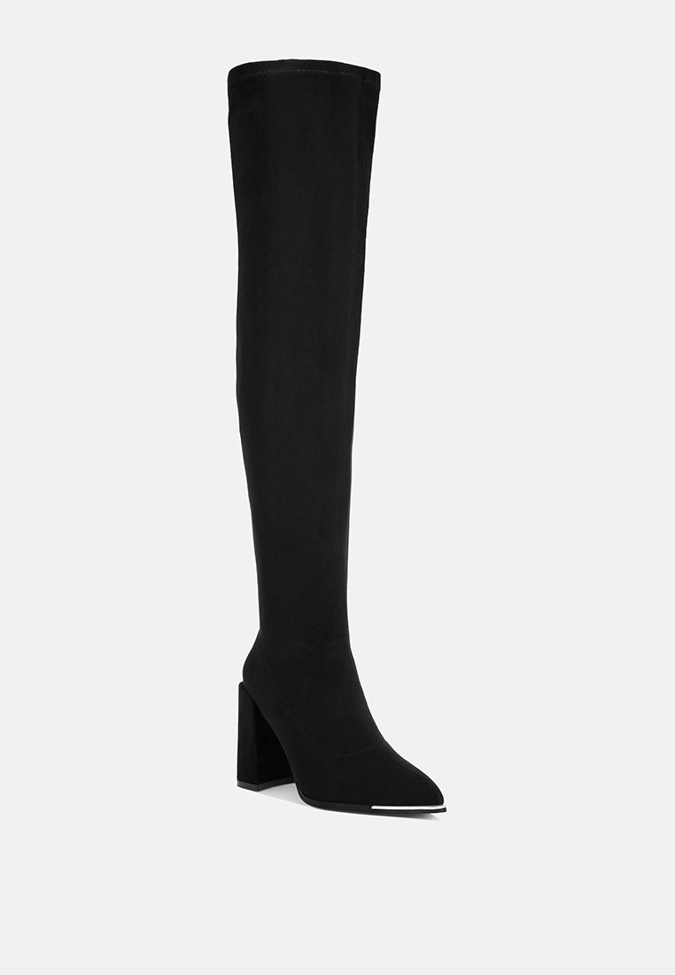 veronica stretchable block heel long boots#color_black-suede