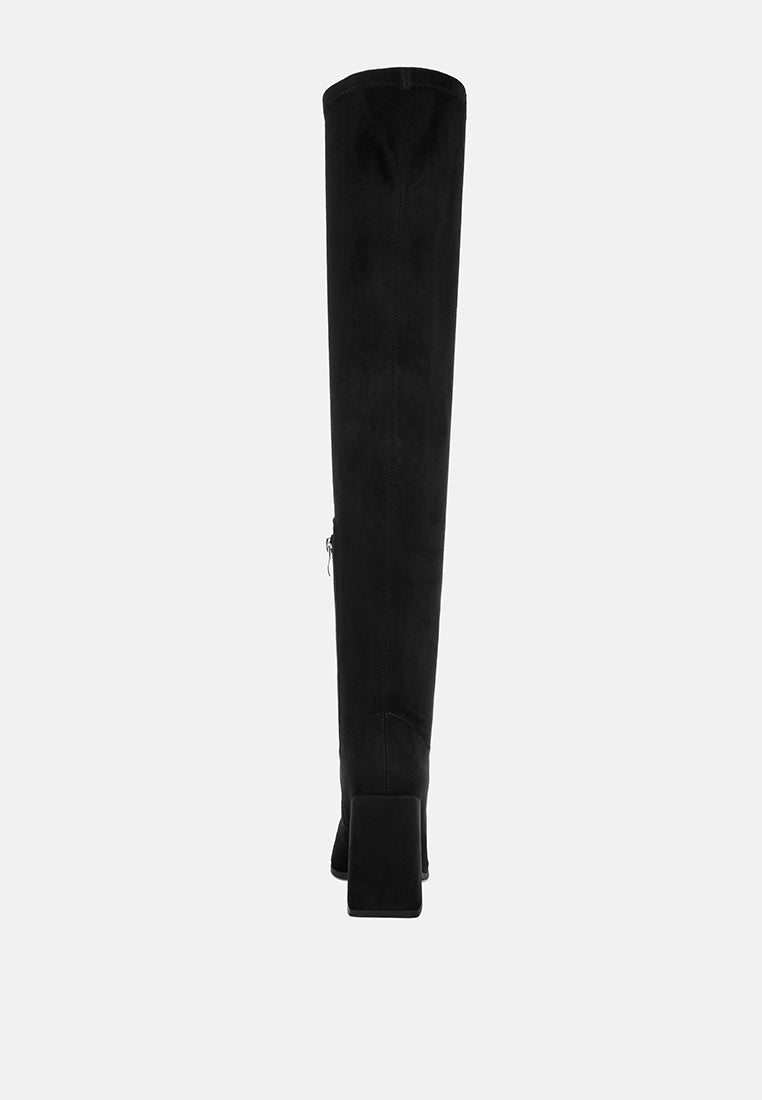 veronica stretchable block heel long boots#color_black-suede