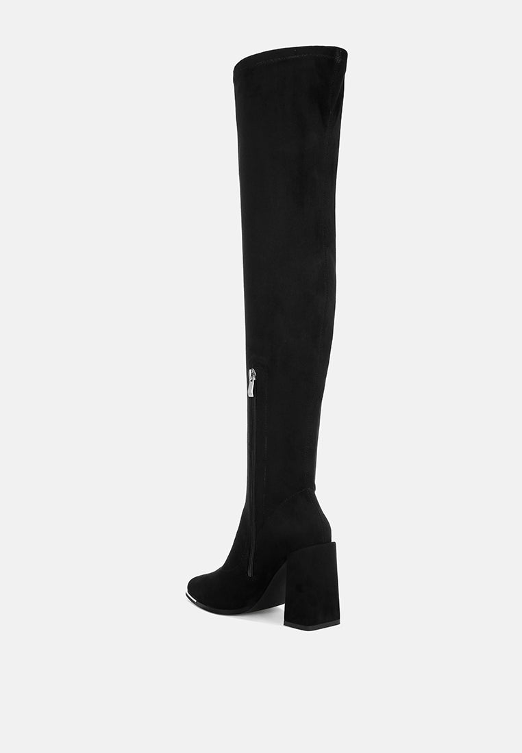 veronica stretchable block heel long boots#color_black-suede