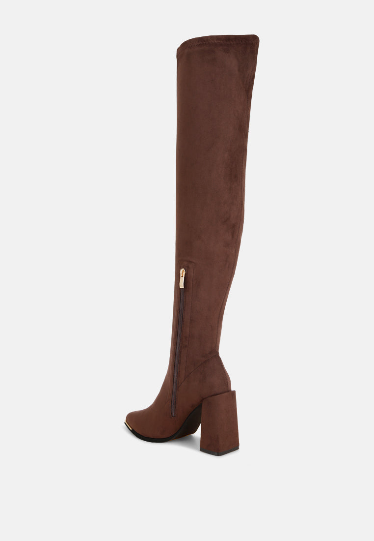 veronica stretchable block heel long boots#color_brown-suede