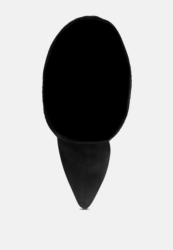amayara stretchable pointed toe long boots#color_black-suede