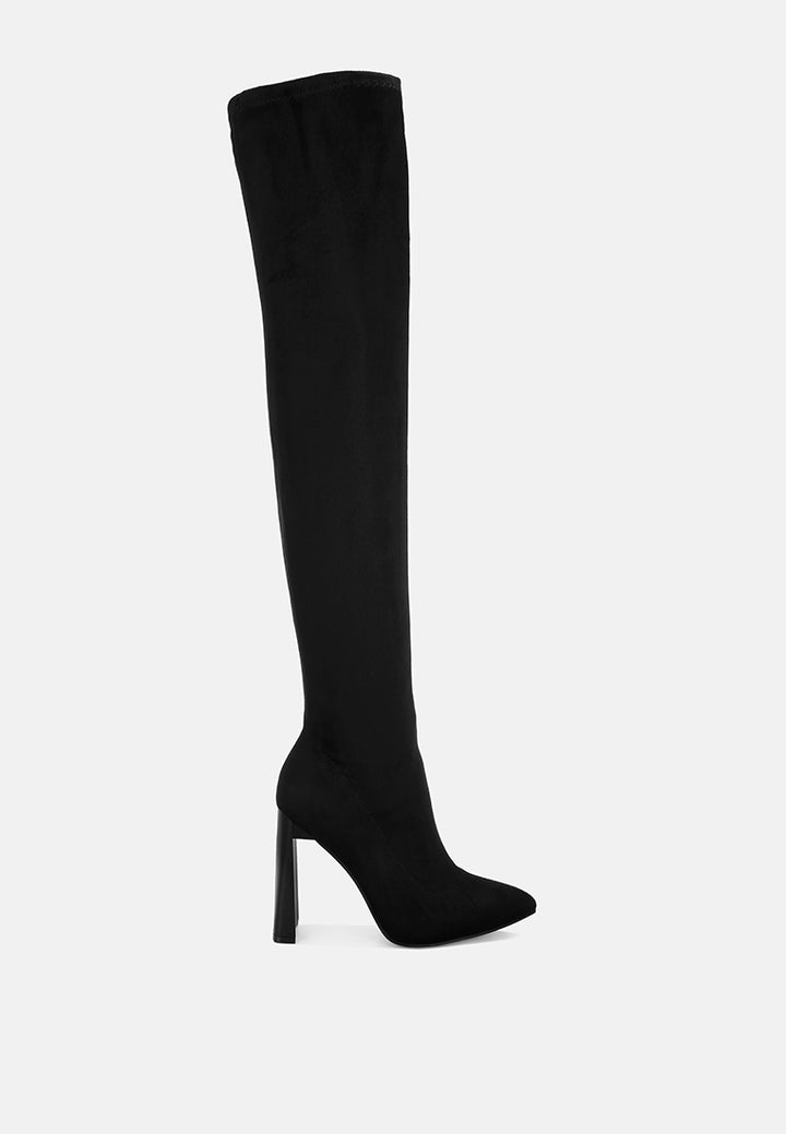 amayara stretchable pointed toe long boots#color_black-suede