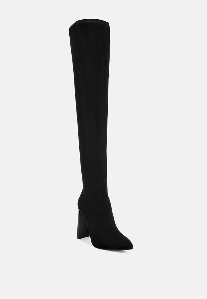 amayara stretchable pointed toe long boots#color_black-suede
