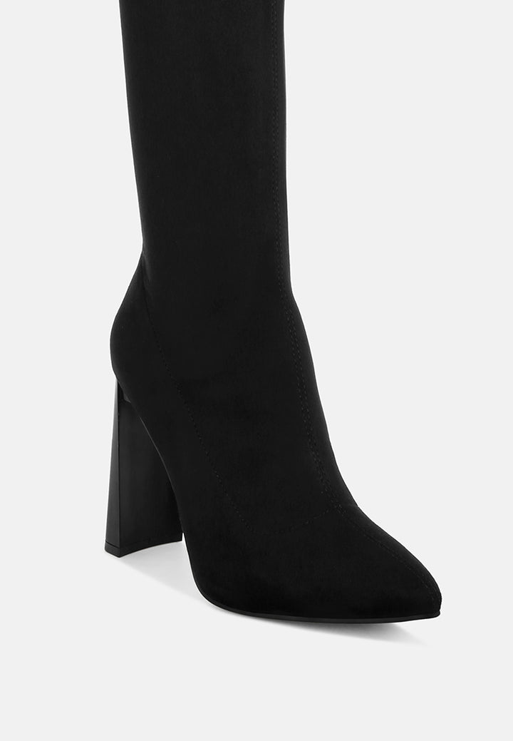 amayara stretchable pointed toe long boots#color_black-suede