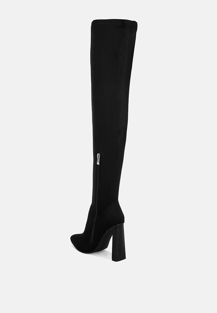 amayara stretchable pointed toe long boots#color_black-suede