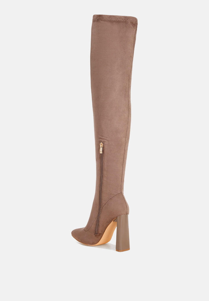 amayara stretchable pointed toe long boots#color_taupe-suede