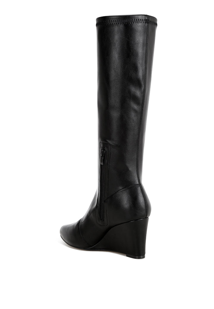 pointed toe stretchable wedge boots#color_black-smooth