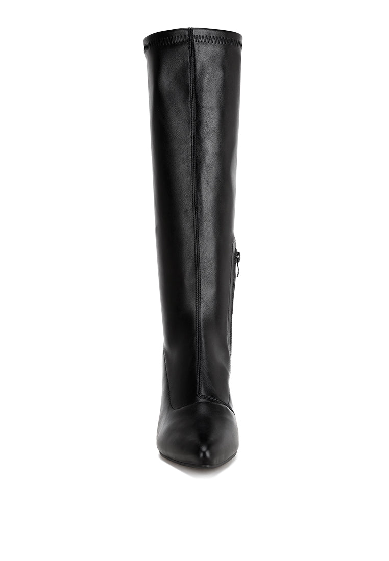 pointed toe stretchable wedge boots#color_black-smooth