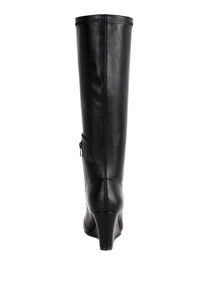 pointed toe stretchable wedge boots#color_black-smooth