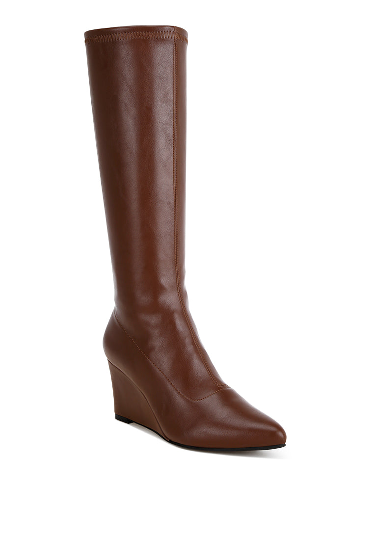 pointed toe stretchable wedge boots#color_brown-smooth