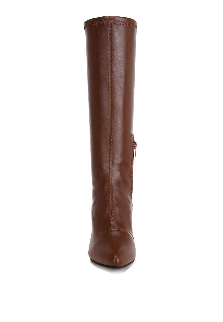 pointed toe stretchable wedge boots#color_brown-smooth