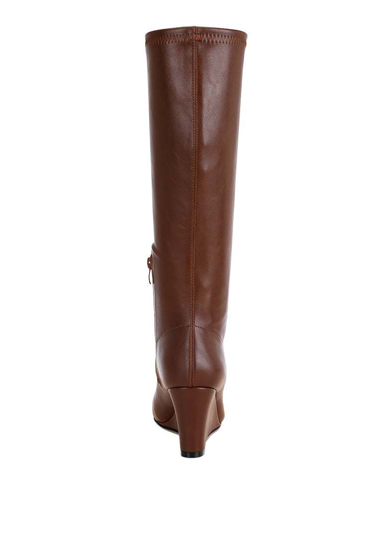 pointed toe stretchable wedge boots#color_brown-smooth