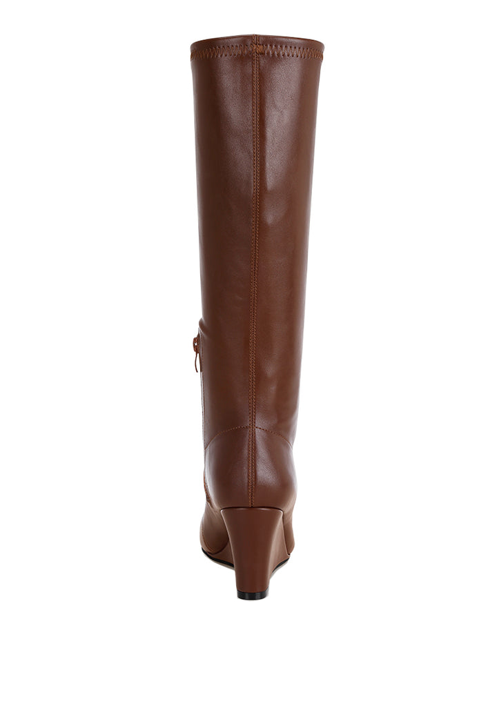 pointed toe stretchable wedge boots#color_brown-smooth