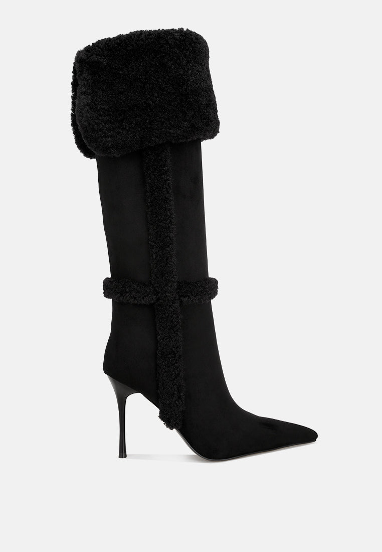 jenah faux Shearling detail Stiletto heel boots#color_black-suede