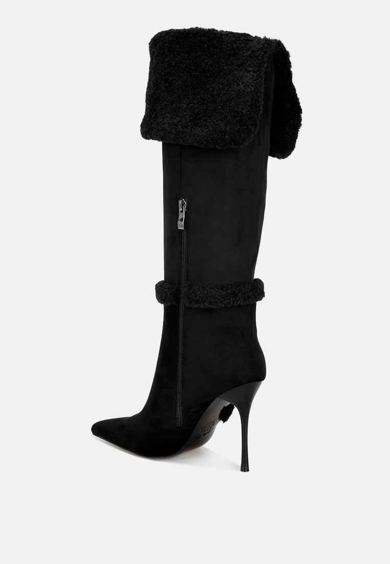 jenah faux Shearling detail Stiletto heel boots#color_black-suede