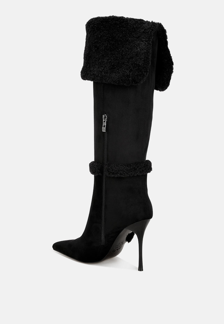 jenah faux Shearling detail Stiletto heel boots#color_black-suede