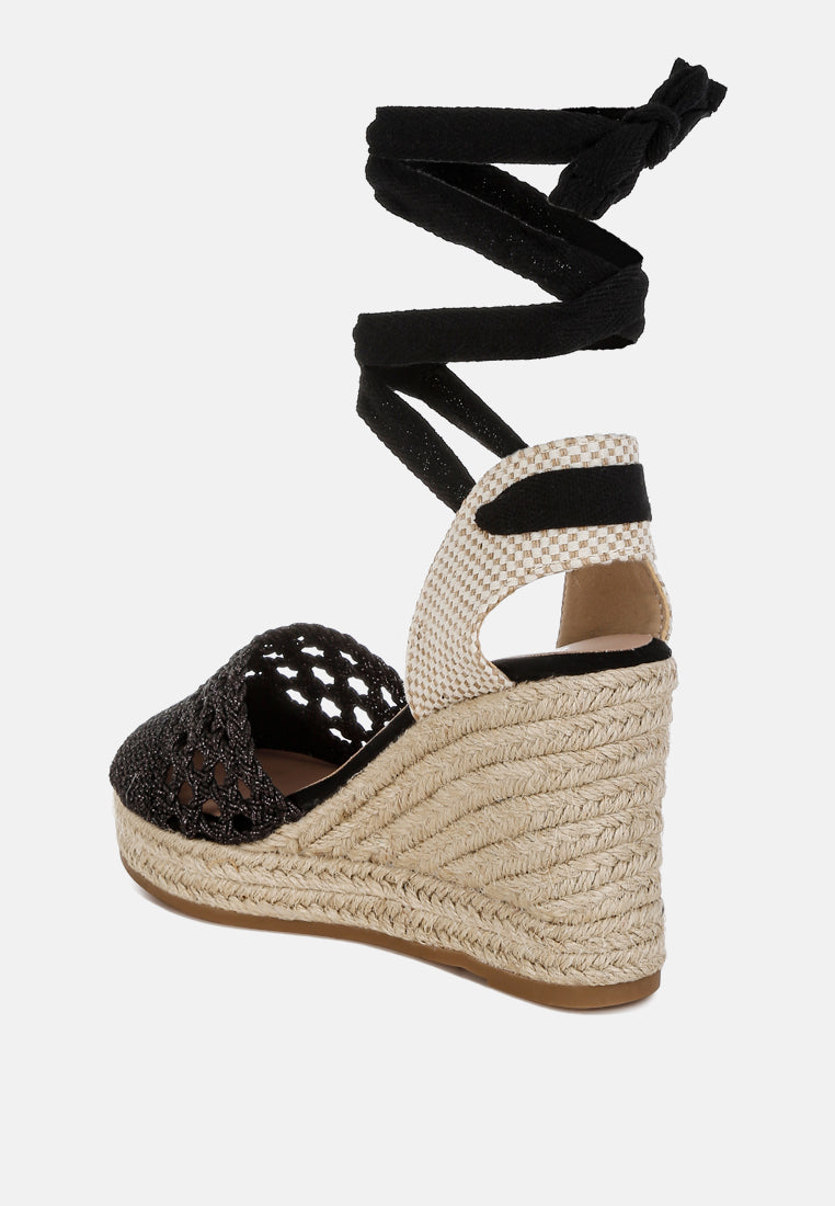 sea breeze woven lace-up espadrille wedges#color_black