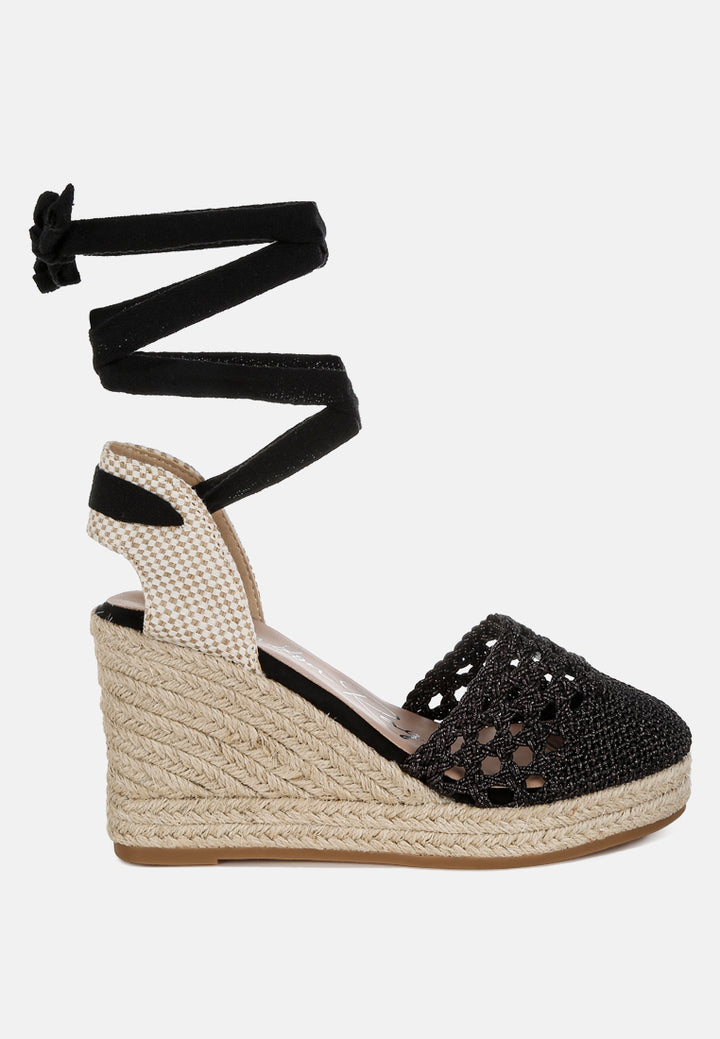nomader woven lace-up espadrille wedges#color_black