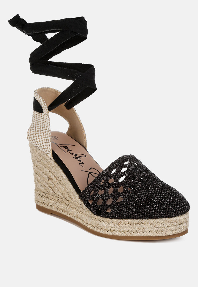 nomader woven lace-up espadrille wedges#color_black