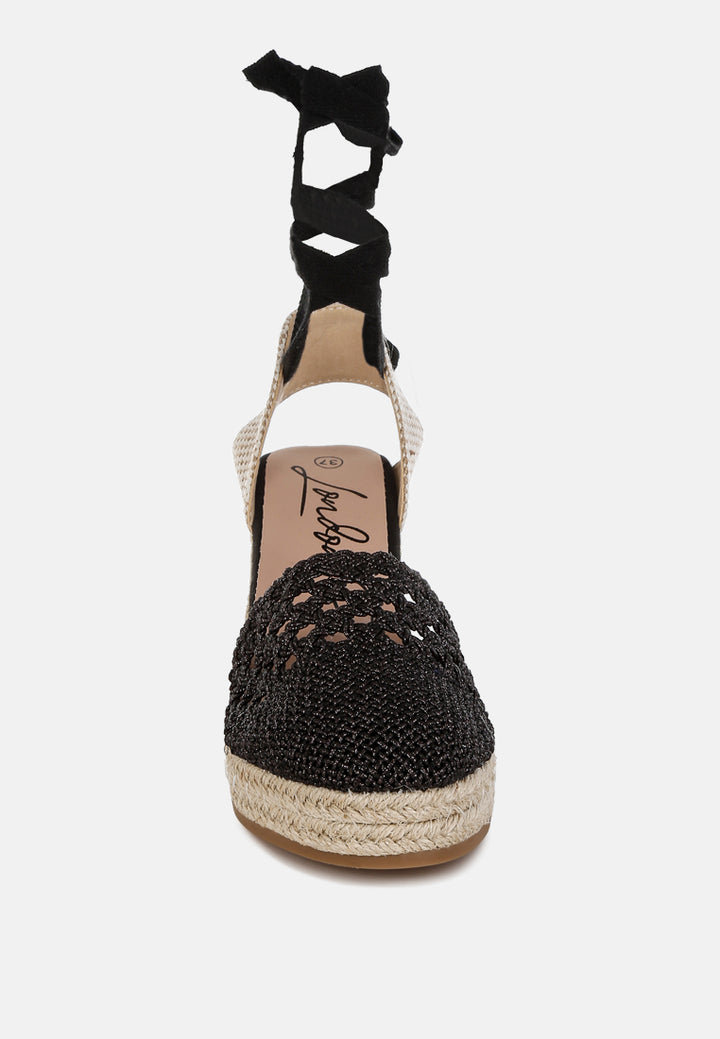 nomader woven lace-up espadrille wedges#color_black