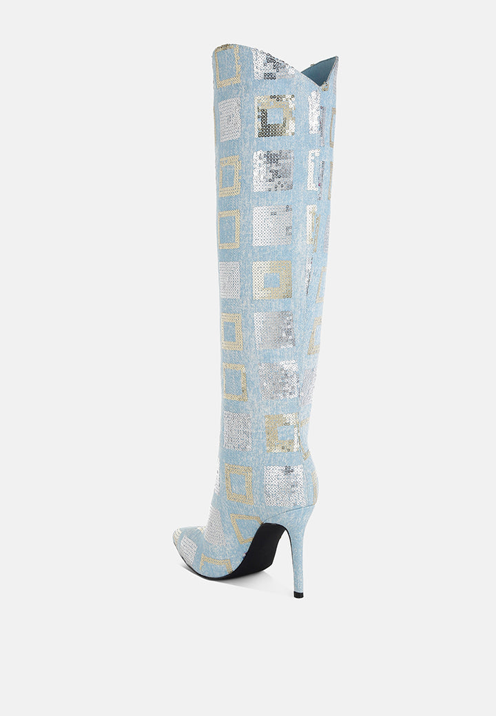 sharmin checkered sequin knee high boots#color_blue