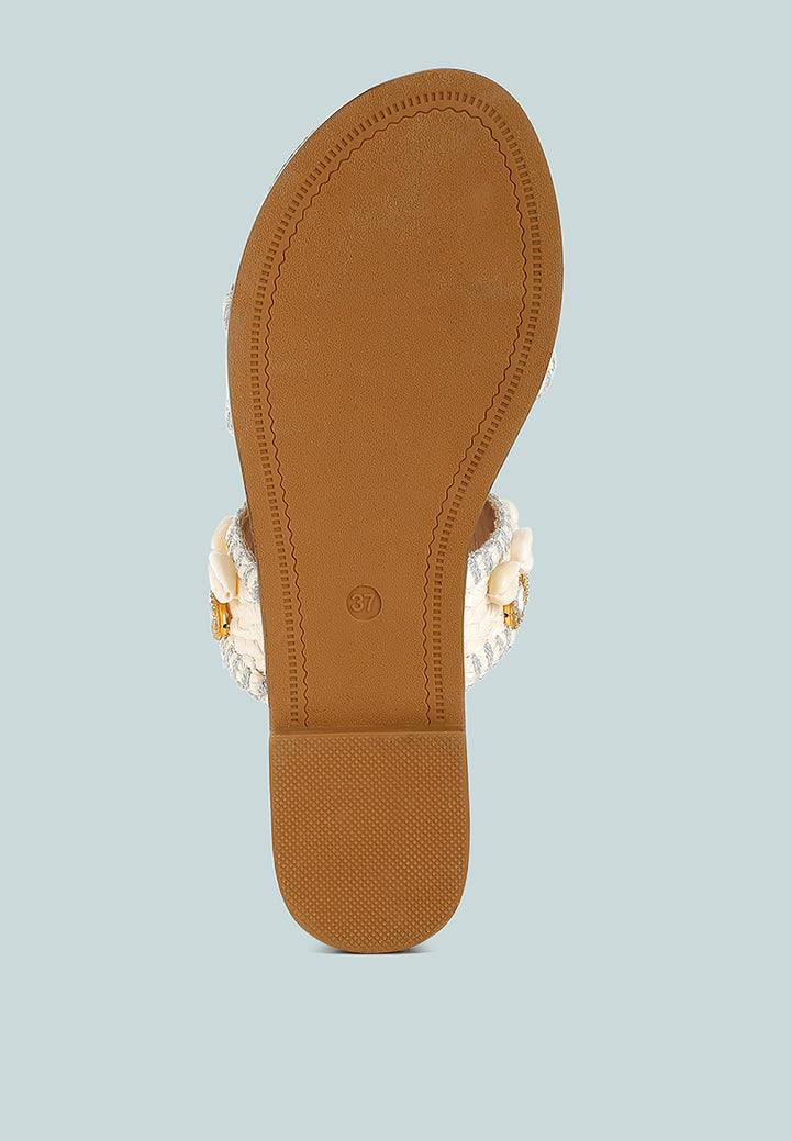 shellfish raffia slip on sandals#color_white