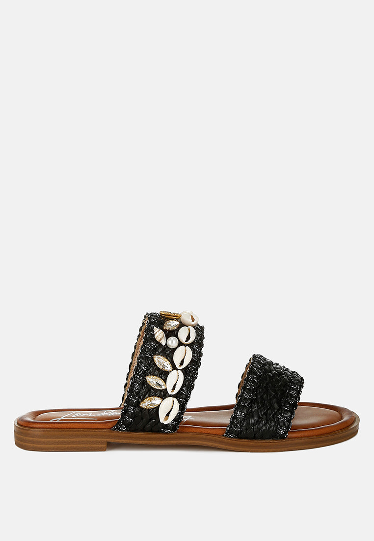 shellfish raffia slip on sandals#color_black