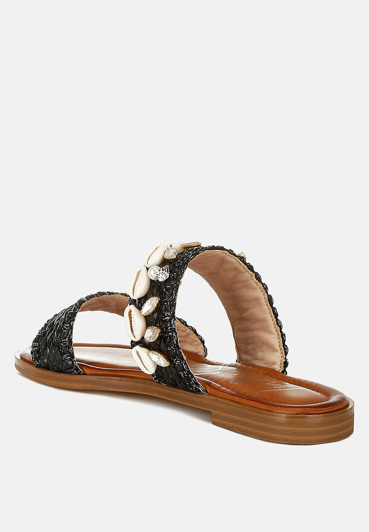 shellfish raffia slip on sandals#color_black