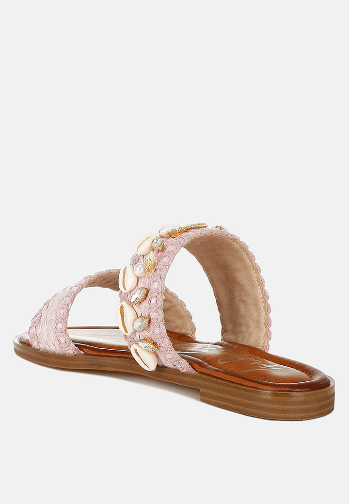 shellfish raffia slip on sandals#color_pink