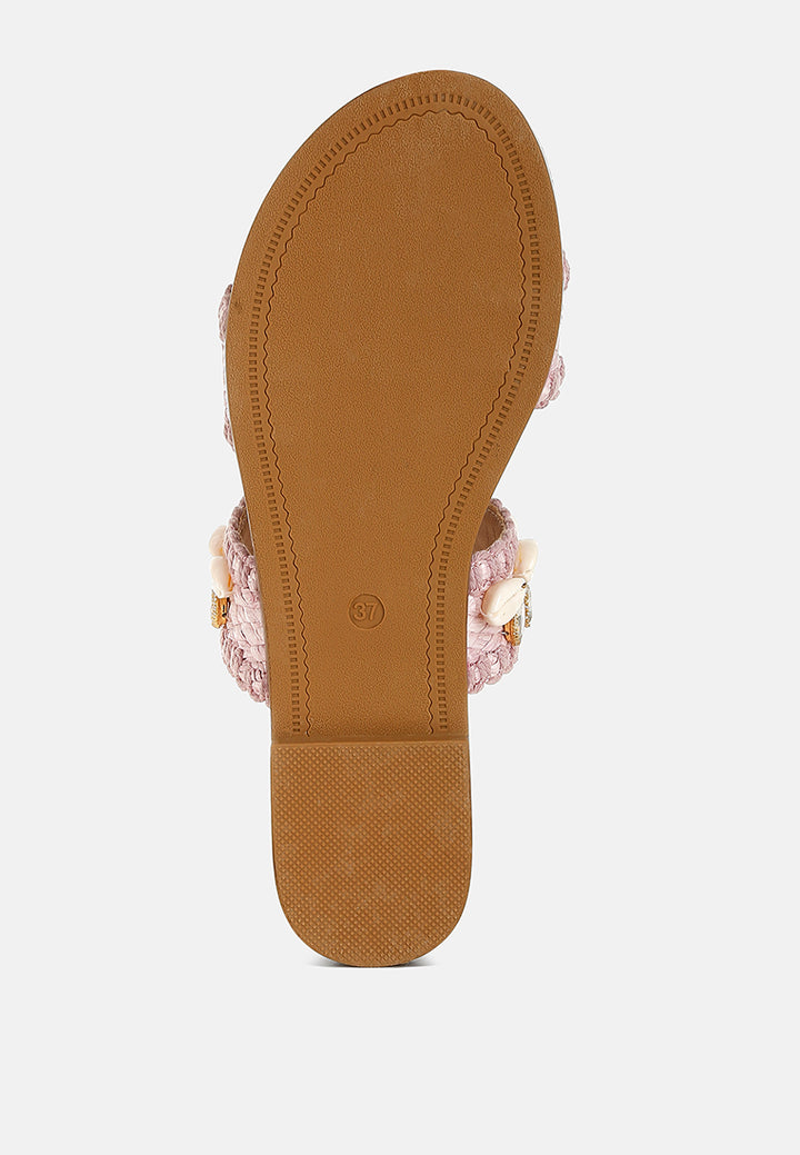 shellfish raffia slip on sandals#color_pink