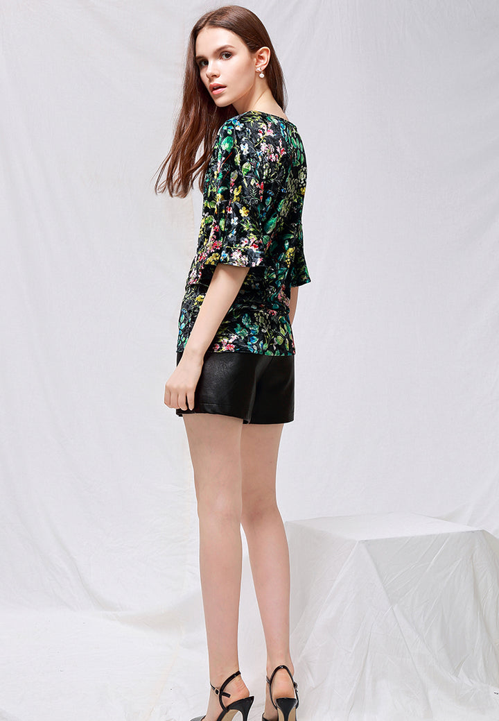 shiny velvet floral top with bell sleeves#color_black