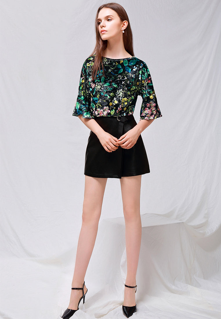 shiny velvet floral top with bell sleeves#color_black