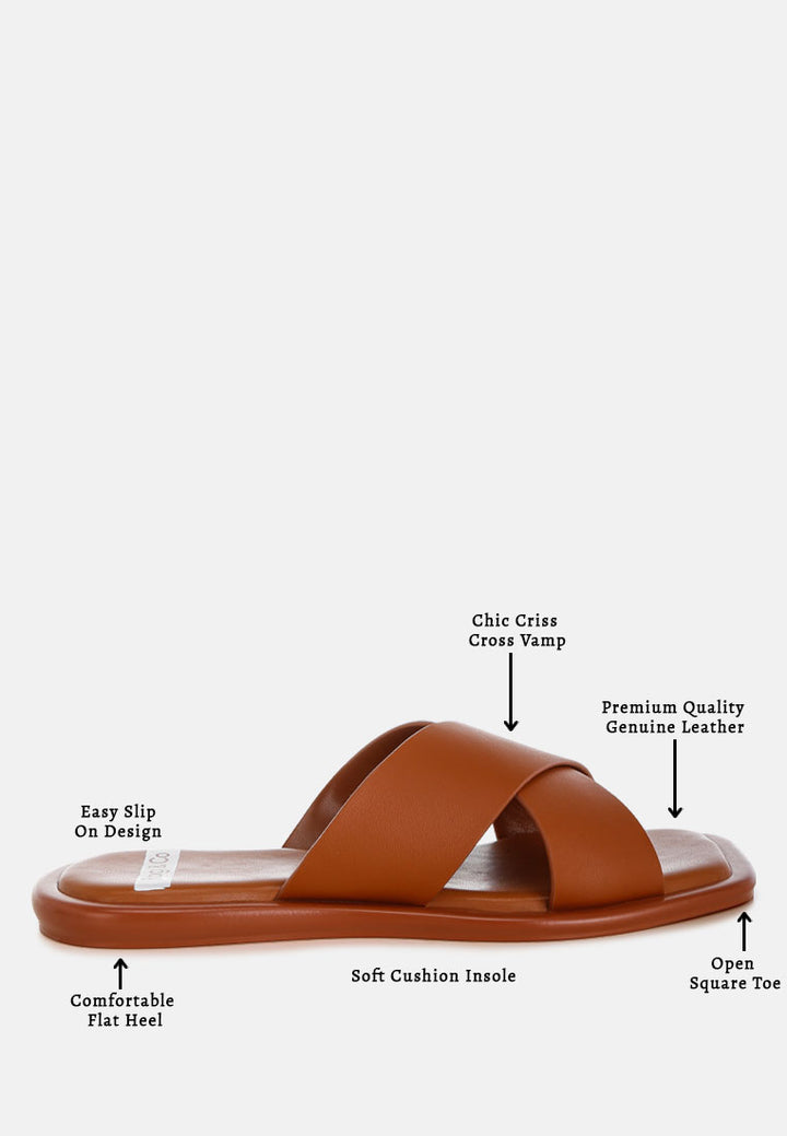 shosa genuine leather criss-cross flats#color_tan
