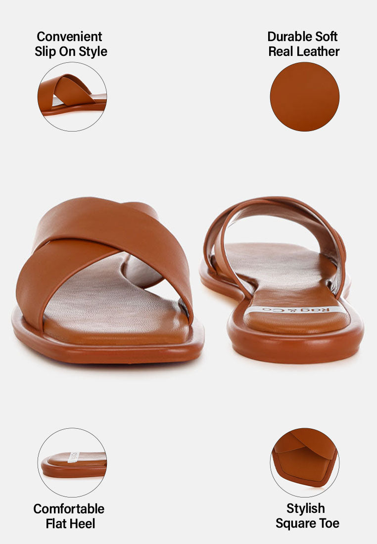 shosa genuine leather criss-cross flats#color_tan