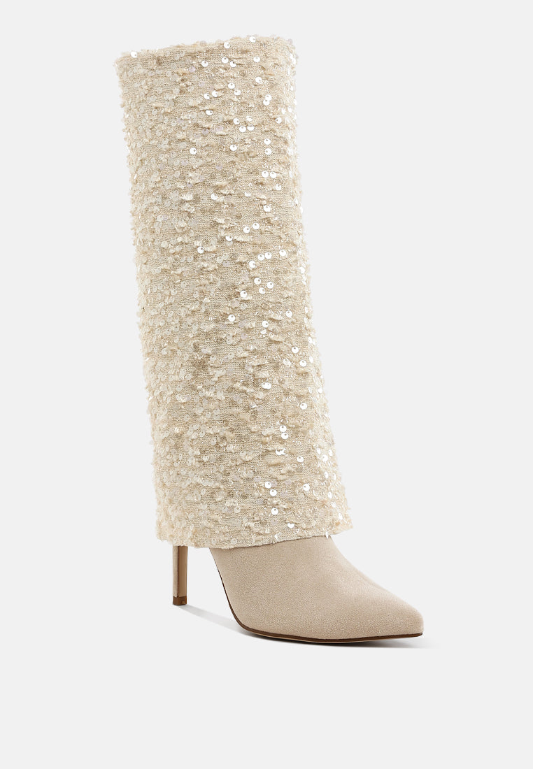 sin city sequinned fold-over calf boots#color_beige