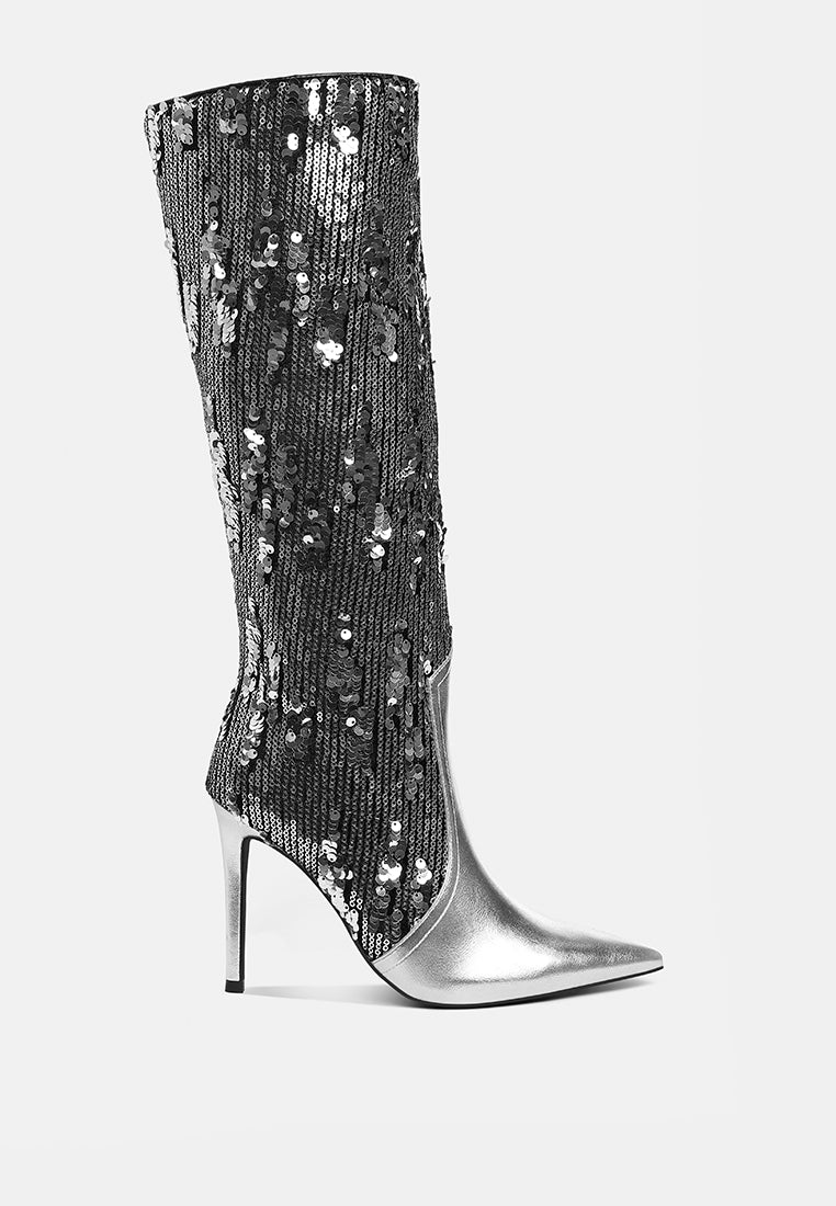 sitarah sequin embellished metallic long boots#color_silver