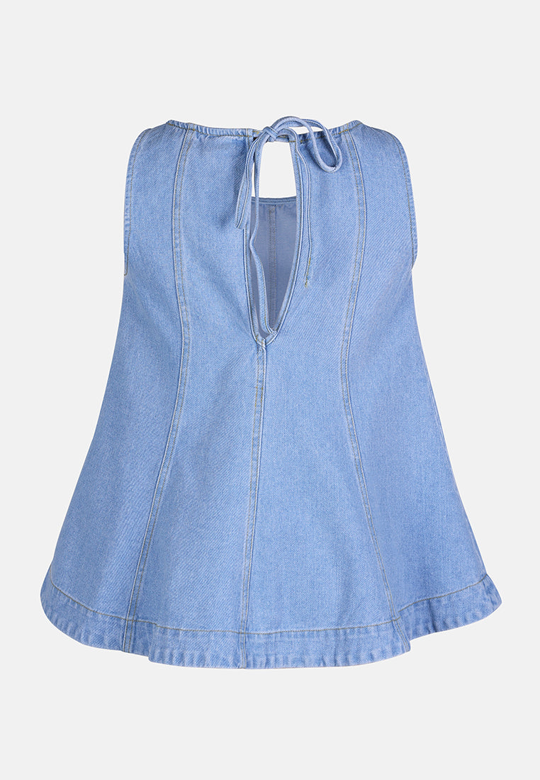 sleeveless denim peplum top by ft#color_blue
