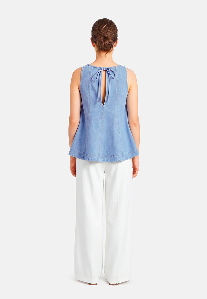 sleeveless denim peplum top#color_blue