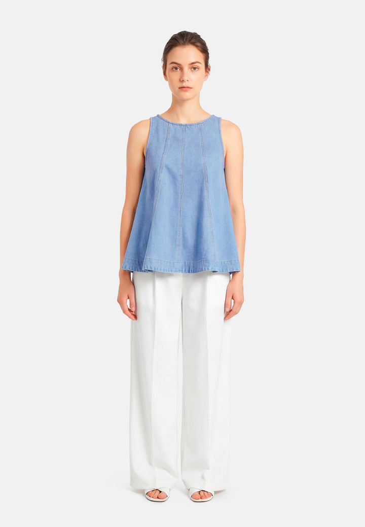 sleeveless denim peplum top by ft#color_blue