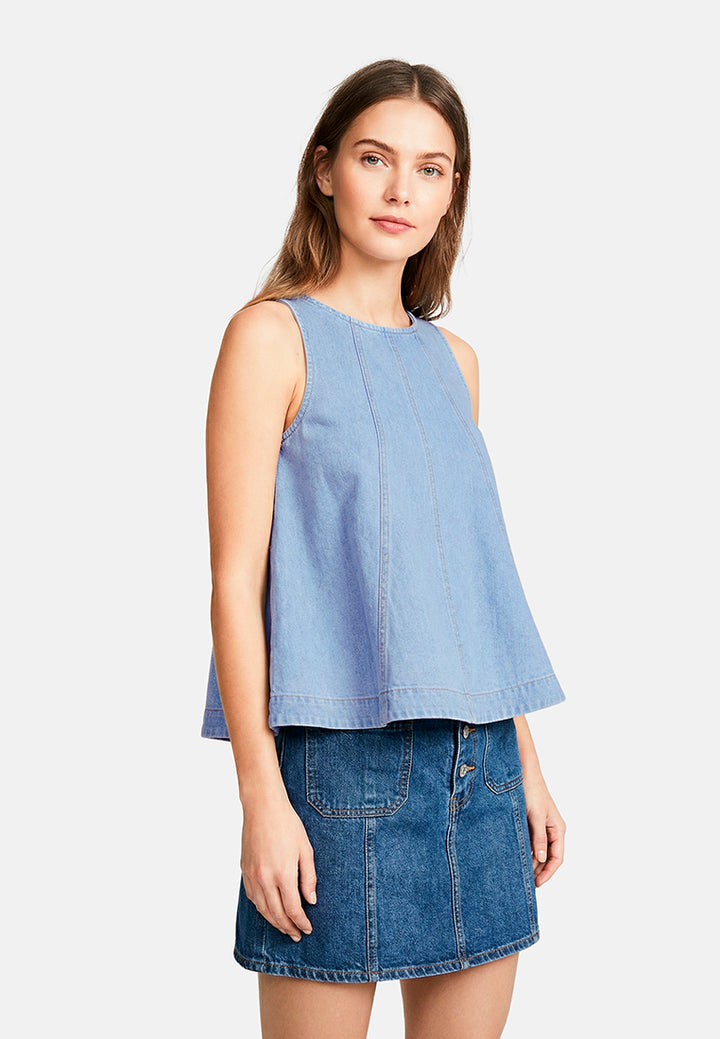 sleeveless denim peplum top#color_blue