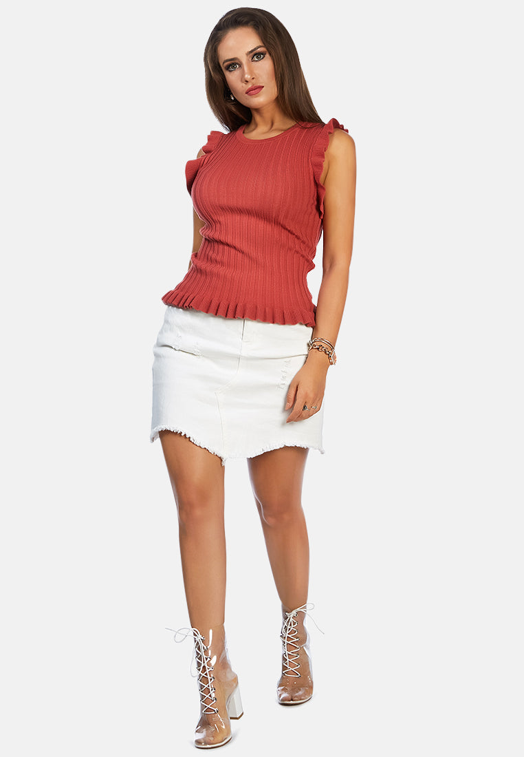 sleeveless knitted frill top#color_burgundy