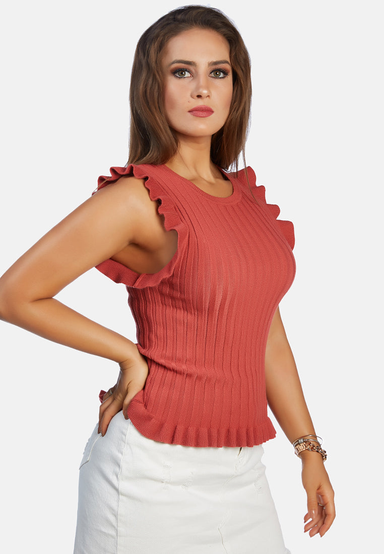 sleeveless knitted frill top#color_burgundy