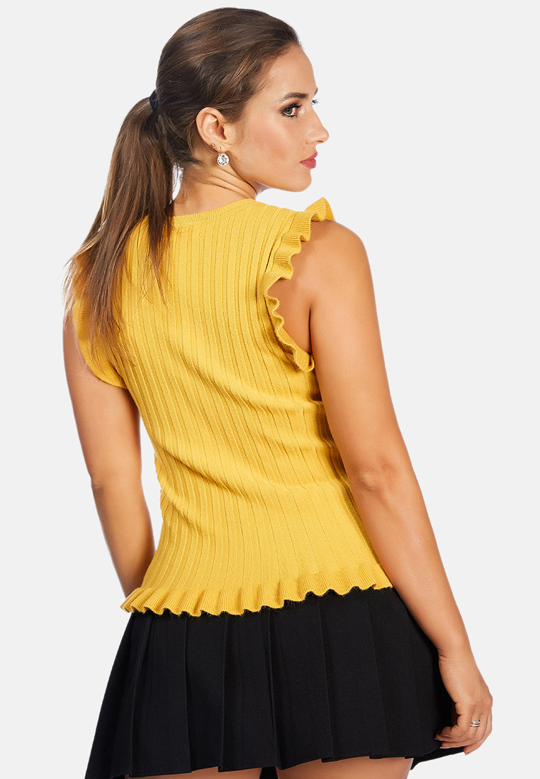 sleeveless knitted frill top#color_light-mustard