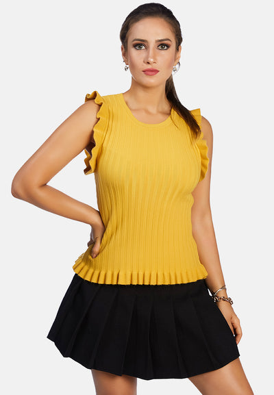 sleeveless knitted frill top#color_light-mustard
