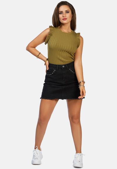 sleeveless knitted frill top#color_light-olive