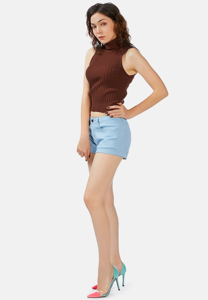 sleeveless rib knit turtle neck top#color_brown