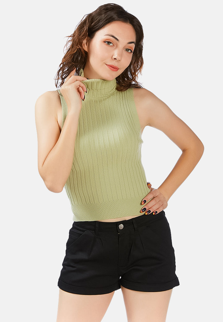 sleeveless rib knit turtle neck top#color_grey-green