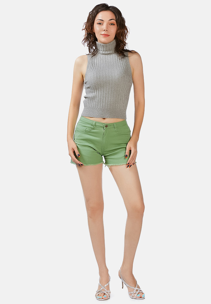 sleeveless rib knit turtle neck top#color_heather-grey