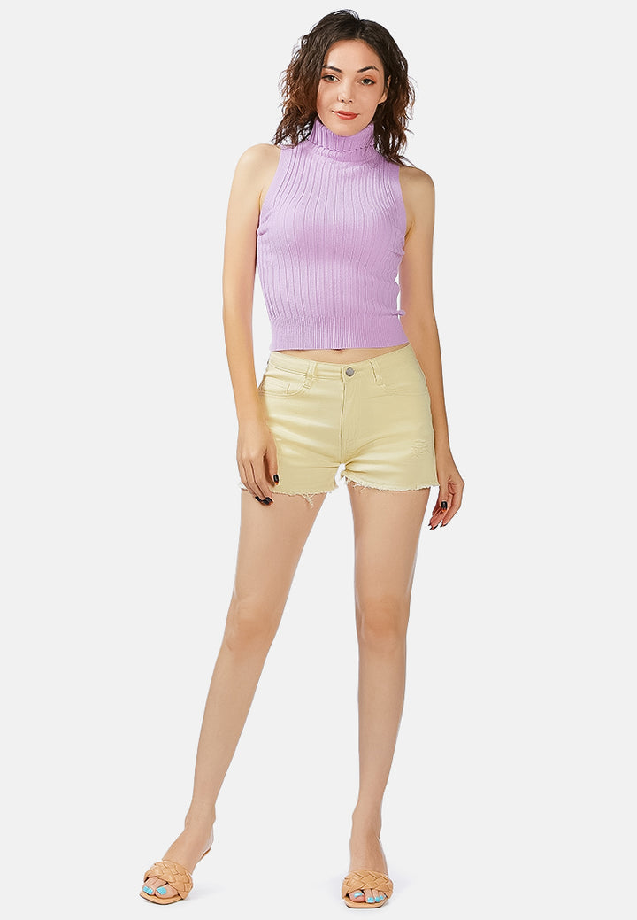 sleeveless rib knit turtle neck top#color_light-purple